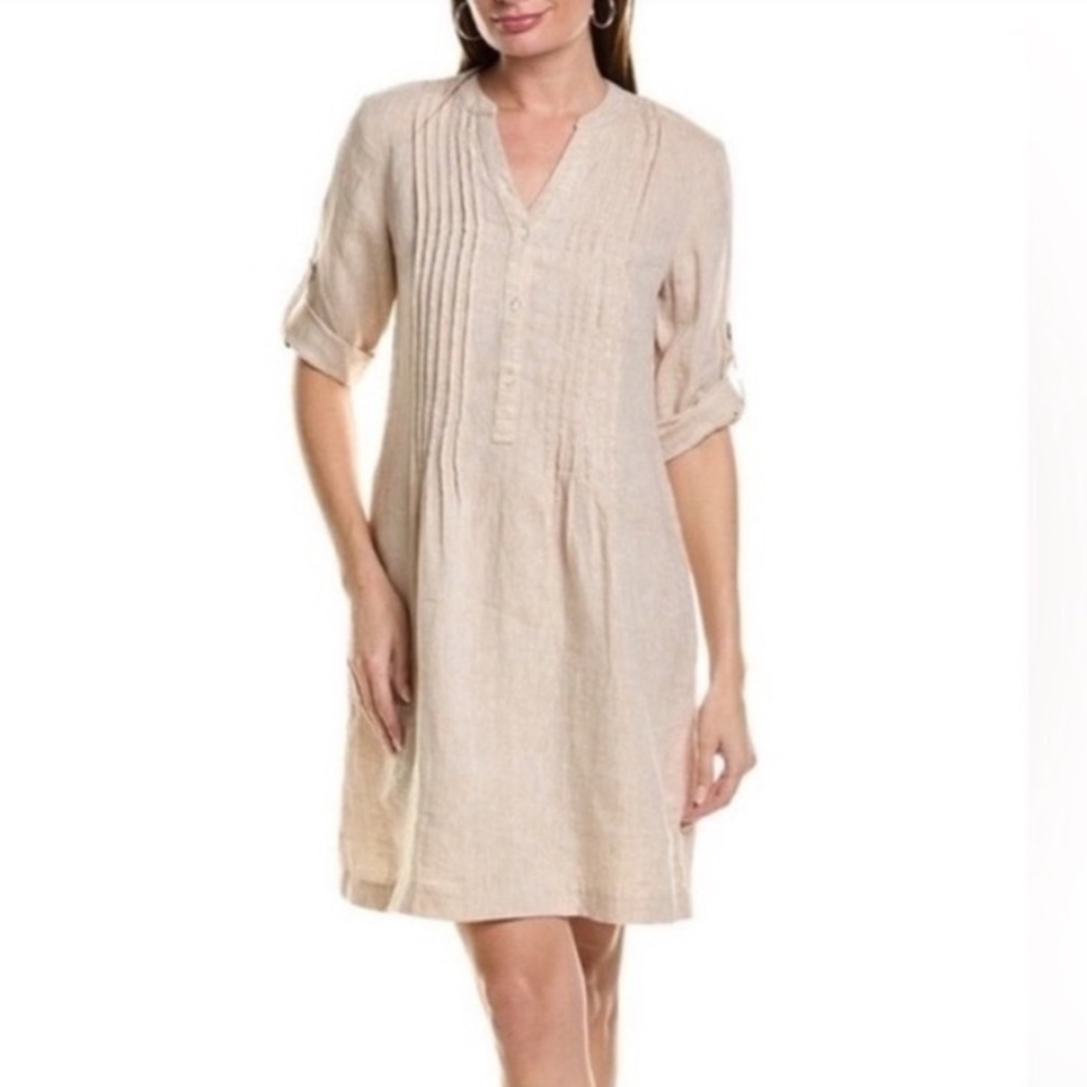 Tahari Beige Linen Shirt Dress Small Tan Button Front Pleated Long Roll Sleeve